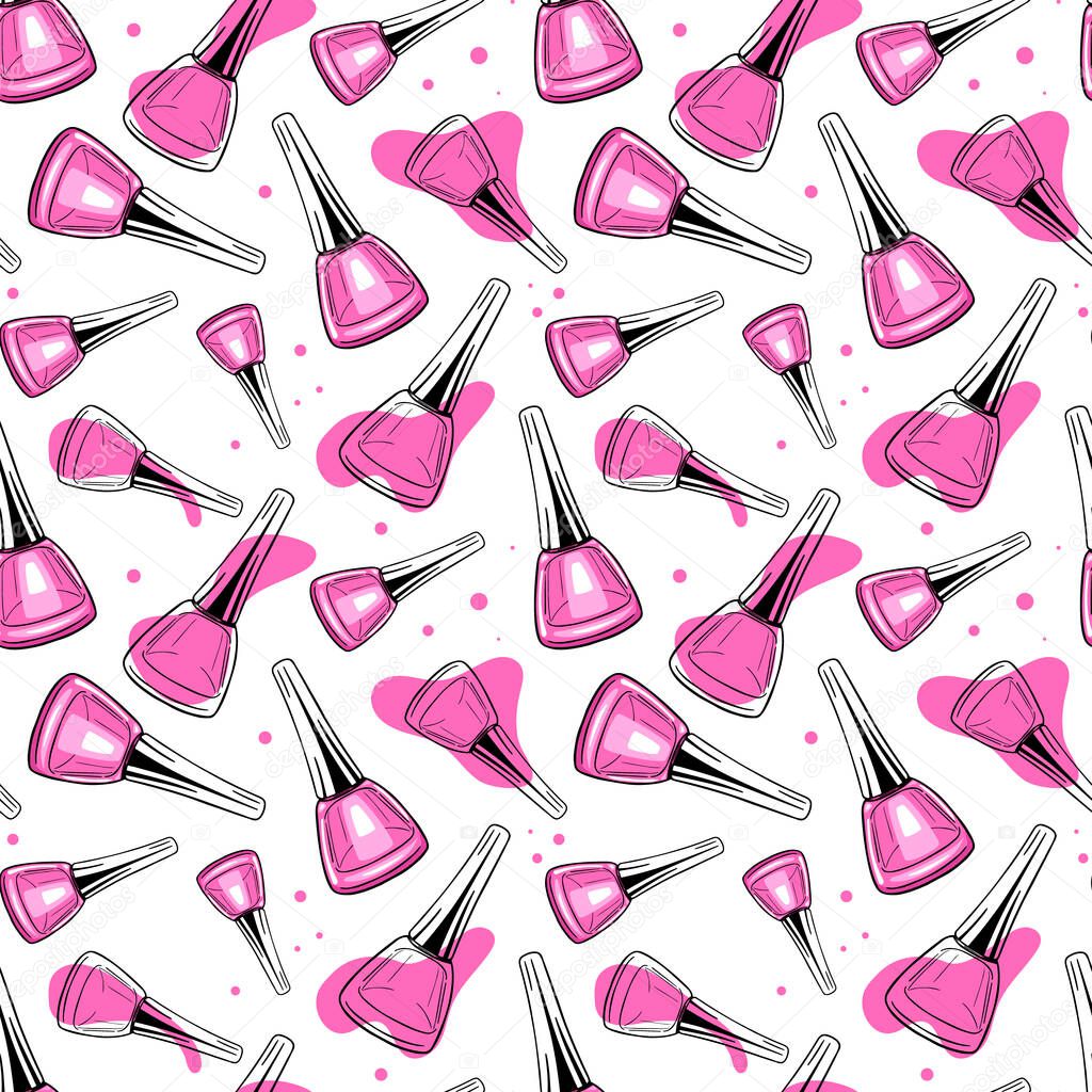 Seamless surface pattern with hand-drawn ink sketch nail polish bottles, bright pink accents on white background. Background for nail shop, nail studio, beauty blog, social media post, wrapping, paper