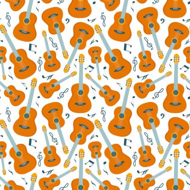 Klasik sarı gitarlar ve müzik notaları olan kusursuz bir model. Kumaşlar ve müzisyenler için ürünler basmak için dizili müzik araçları ile müzik arka planı.