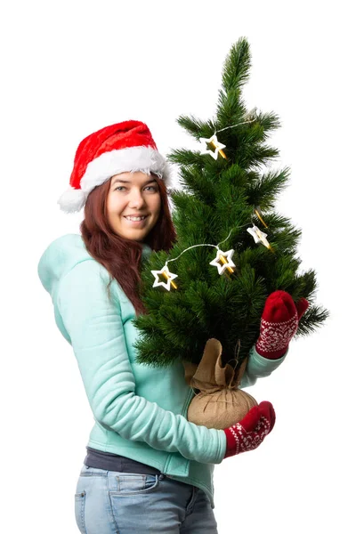 Photo of woman in Santas cap with Christmas tree in hand — Stock Photo, Image