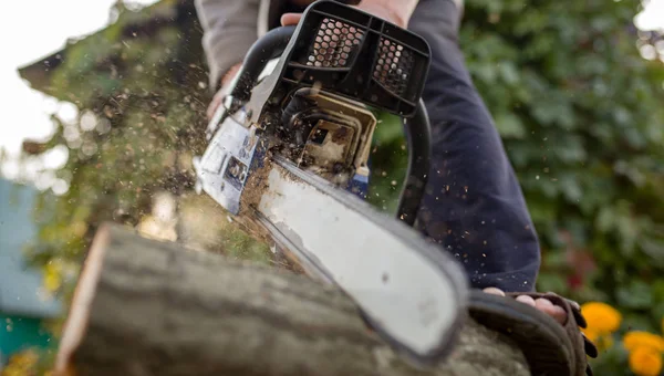 Imagem do homem com motosserra serra log na floresta — Fotografia de Stock