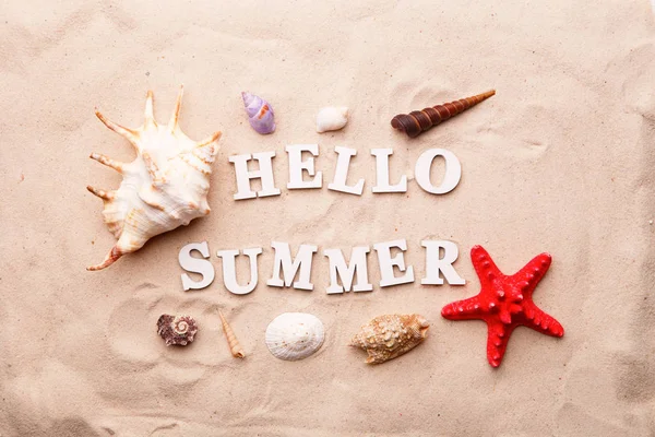 Text Hello léto z bílých a mořských mušlí a hvězdných ryb na písku — Stock fotografie