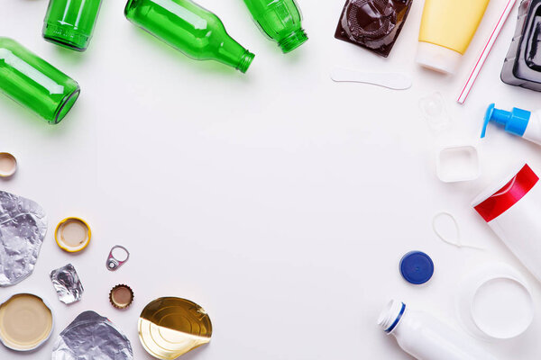 Selection of garbage for recycling - metal, plastic, and glass. Concept of recycling