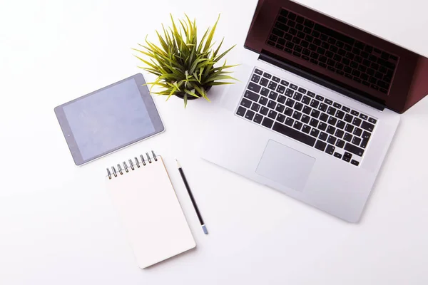 Робочий простір в офісі: білий стіл з блокнотом, планшетом, порожнім блокнотом і зеленою квіткою . — стокове фото