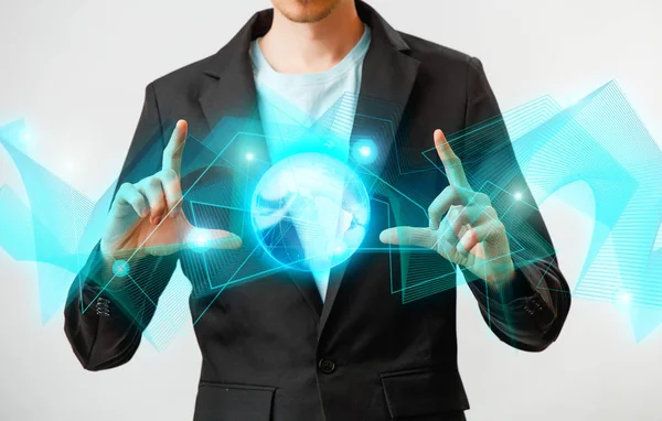 Businessman holding the glowing hologram digital globe. Concepr of business and innovation — Stock Photo, Image