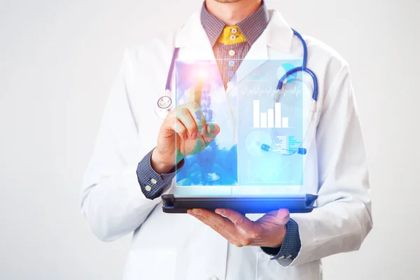 Doctor interacts with virtual screen of new technology for medicine. — Stock Photo, Image