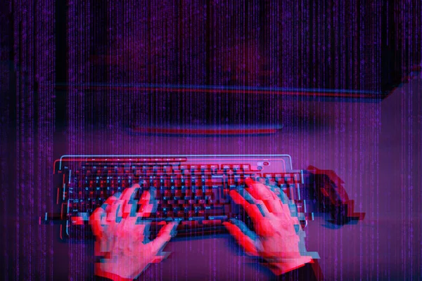 Hacker working with computer in dark room with digital interface around. Image with glitch effect. — Stock Photo, Image