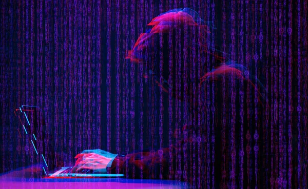 Hacker working with laptop in dark room with digital interface around. Image with glitch effect. — Stock Photo, Image