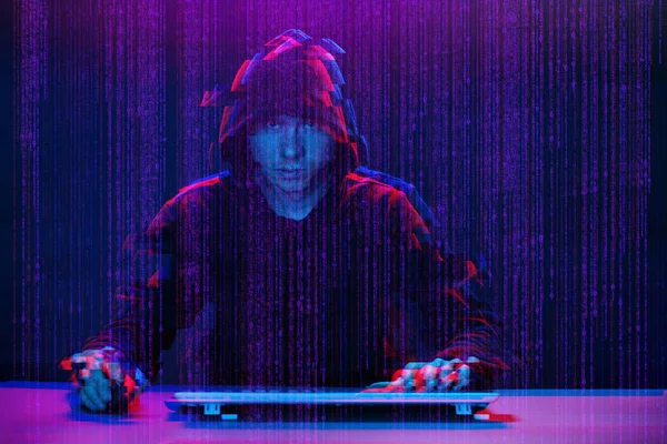 Hacker working with computer in dark room with digital interface around. Image with glitch effect. — Stock Photo, Image