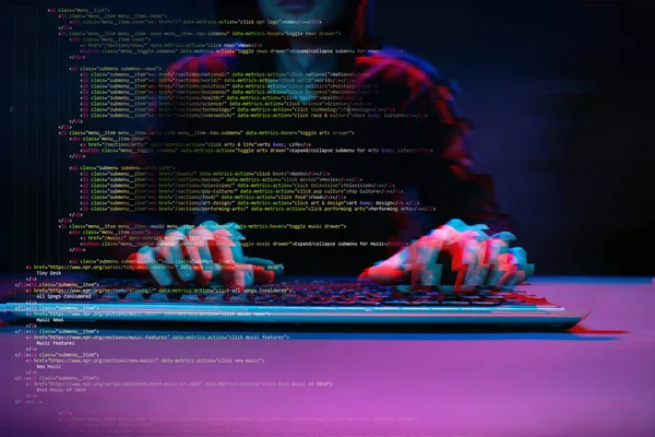 Hacker working with computer in dark room with digital interface around. Image with glitch effect. — Stock Photo, Image