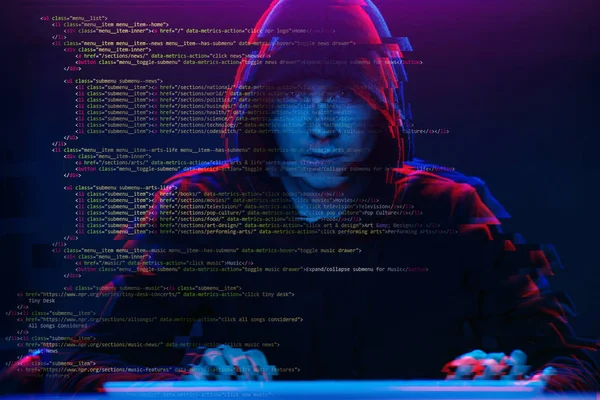 Hacker working with computer in dark room with digital interface around. Image with glitch effect. — Stock Photo, Image