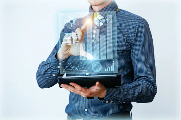 Businessman interacts with virtual screen, analyze data. Innovation Graphs Interfaces. — Stock Photo, Image