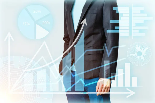 Businessman interacts with virtual screen, analyze data. Innovation Graphs Interfaces. — Stock Photo, Image