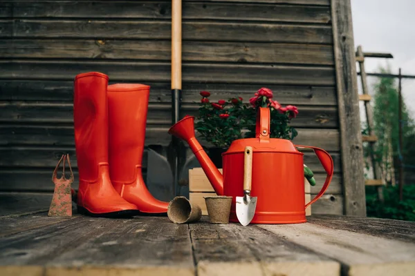 Pala, regadera, sombrero, botas de goma, caja de flores, guantes y herramientas de jardín — Foto de Stock