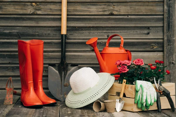 Shovel, watering can, hat, rubber boots, box of flowers, gloves and garden tools — Stock Photo, Image