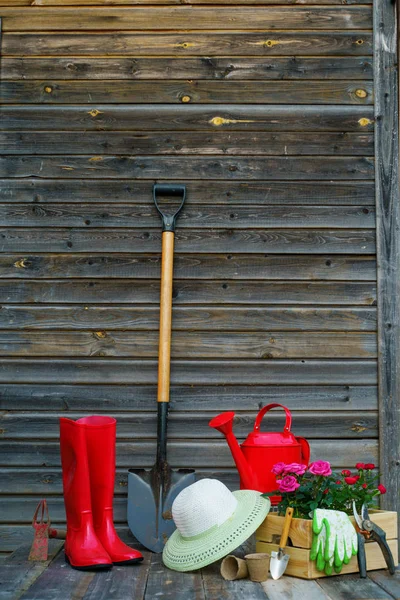 Spade, vattning kan, hatt, gummistövlar, Box av blommor, handskar och trädgårdsredskap — Stockfoto