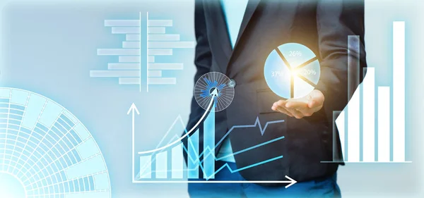 Businessman interacts with virtual screen, analyze data. Banner with innovation graphs interfaces. — Stock Photo, Image