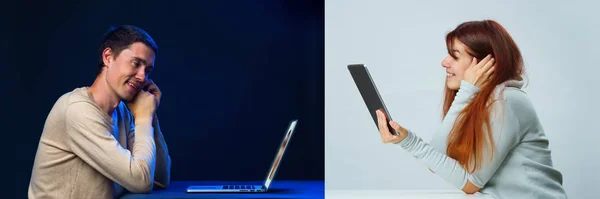 Fotos de hombres y mujeres se comunican entre sí en línea a través de una computadora portátil y tableta . — Foto de Stock