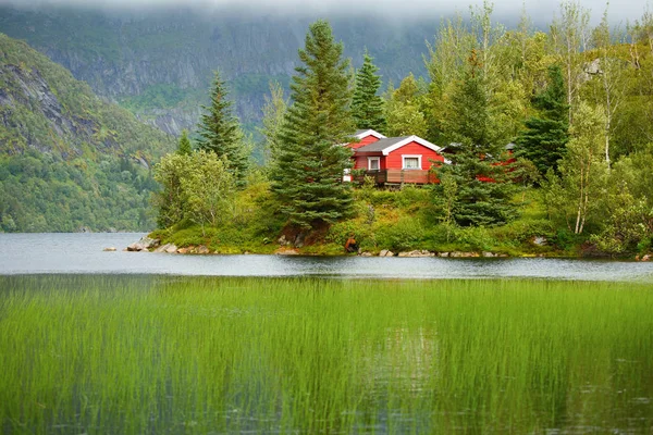 Photo of red house at foot of hills, lake, trees in Norway — Stock Photo, Image