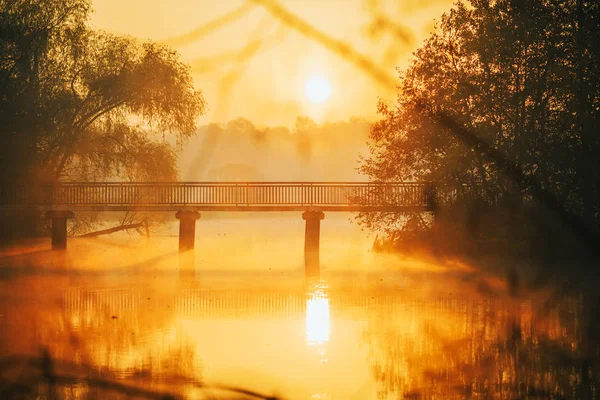 Zdjęcie rzeki, most o wschodzie słońca — Zdjęcie stockowe