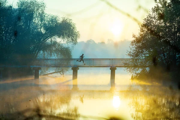 İnsan gün doğumunda köprüden geçiyor.. — Stok fotoğraf