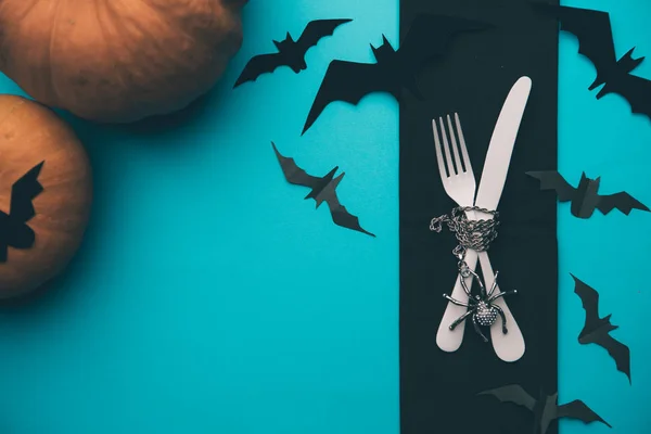 Obraz Halloween dyni, nóż, widelec, nietoperz — Zdjęcie stockowe
