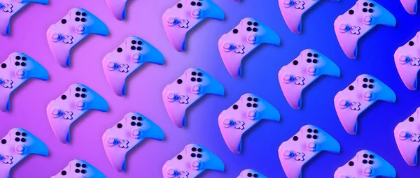 Muster von Joyisticks in violetten und blauen Neonfarben. — Stockfoto