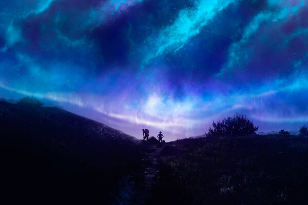 Photo of a black nature landscape photo with travelling people with tent sillouettes and shining stars glowing sky on horizon.