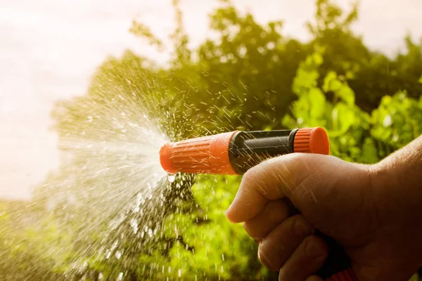 Foto Hombre Sosteniendo Mano Trabajando Con Pistola Agua Día Soleado — Foto de Stock