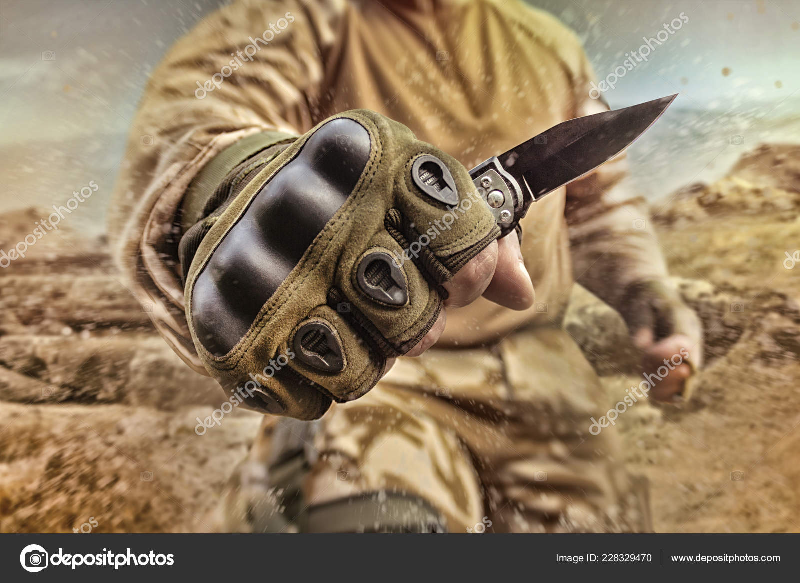 Photo Military Equipped Soldier Posing Holding Small Tactical Knife Gloves  — Stock Photo © breakermaximus #228329470