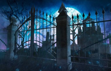 Horror full moon cemetery with metal gates, tombstones and crypts. clipart