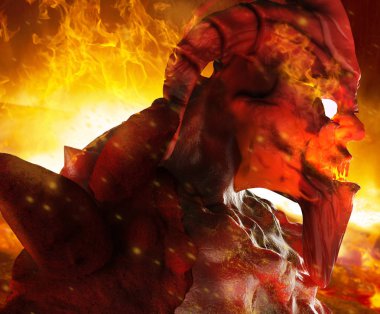 Sanat eseri bir cehennemi iblis yaratık yüz profili parlayan gözlerle cehennem ateşi arka plan üzerinde duran kapat.