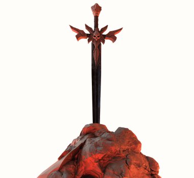 Artwork of a steel demon sword with skull in stone with red fire highlights isolated on white background. clipart