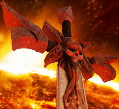 Sanat eseri kırmızı ateş taşla kafatasında bir çelik iblis kılıç ateş Inferno arka plan üzerinde görüş açısı vurgulamaktadır.