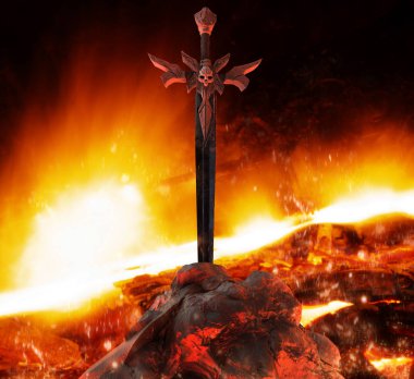 Artwork of a steel demon sword with skull in stone with red fire highlights on fire inferno background.