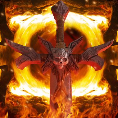 Sanat eseri ısıtmalı yangın Inferno arka plan kafatasında bir çelik iblis kılıç kapatın.