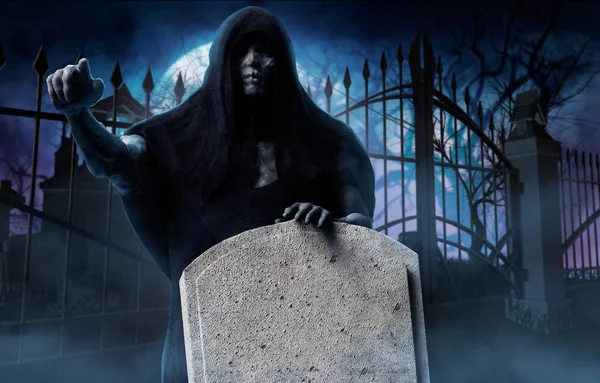 Grim Reaper Ghost Black Hood Pointing Finger Holding Tombstone Cemetery — Stock Photo, Image