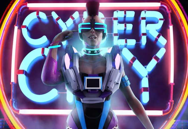 Dreidimensionale Frontfigur Eines Science Fiction Cyber Punk Mädchens Mit Neon — Stockfoto