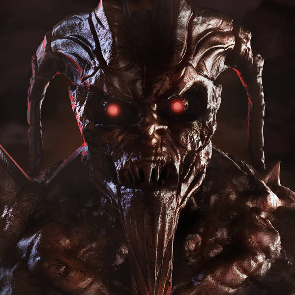 Illustration of a scary demonic creature brown colored face with glowing eyes  and horns standing on dark background.