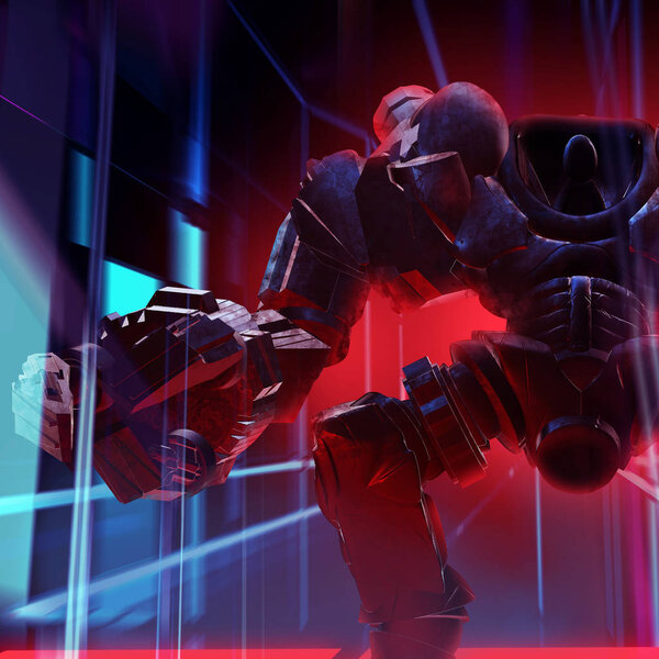 Иллюстрация металлического механика-робота-воина с сиденьем пилота и видом крупным планом, стоящего на фоне неонового города
.