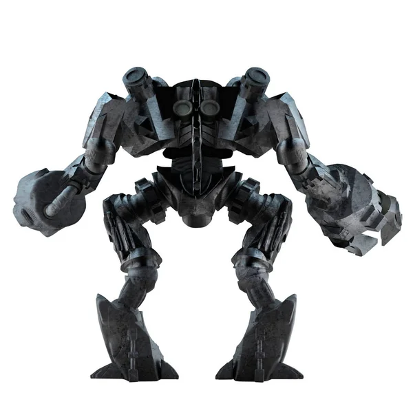 灰色钢未来主义科幻机械战士机器人站在白色背景后面的看法隔离 — 图库照片