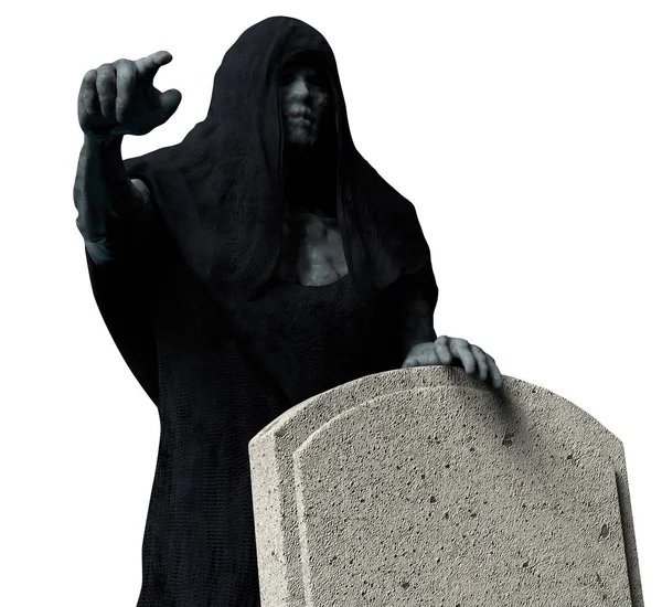 Grim Reaper Φάντασμα Μαύρη Κουκούλα Κρατώντας Μια Επιτύμβια Πλάκα Και — Φωτογραφία Αρχείου