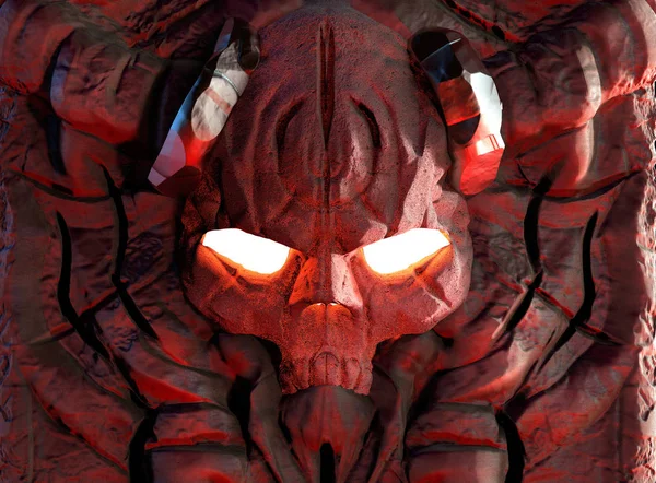 Выгравированный Каменном Черепе Демона Рогами Светящимися Огненными Глазами Древними Символами — стоковое фото