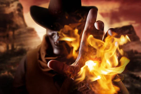 Foto Demonisk Skallen Huvudet Cowboy Hatt Gjutning Fire Spell Med — Stockfoto