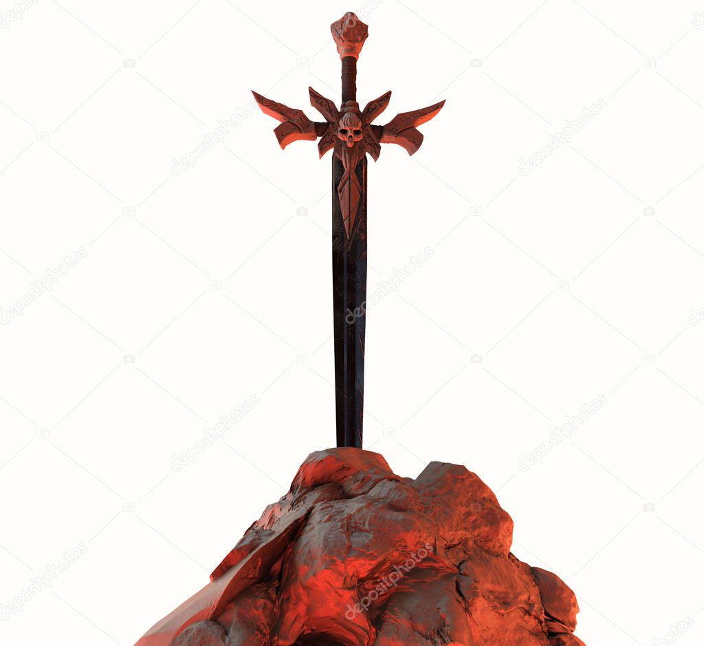 Artwork of a steel demon sword with skull in stone with red fire highlights isolated on white background.