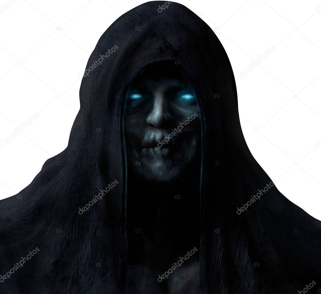 Grim reaper ghost face in black hood with glowing blue eyes isolated on white background.