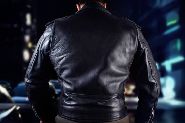 Deri ceket closeup fotoğraf Biker adam.