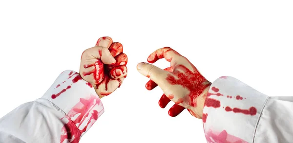 Wounded male hands in white bloody shirt. — ストック写真