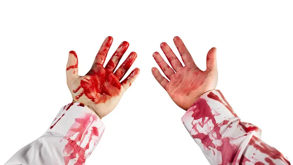 Wounded male hands in white bloody shirt. — ストック写真