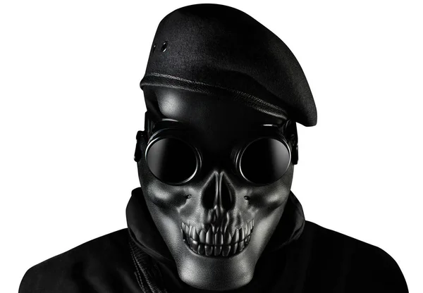 Isolated soldier in skull mask, glasses and beret face front vie