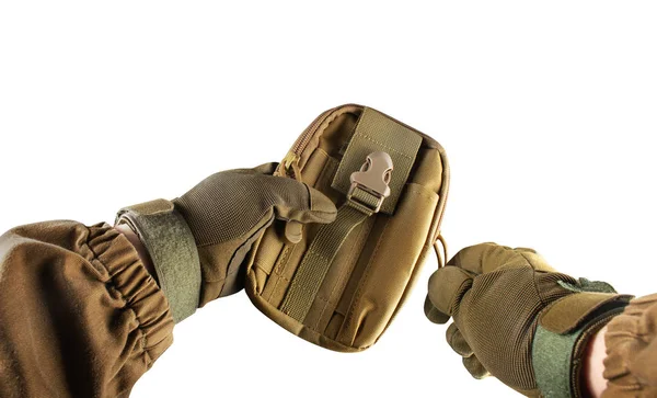 Soldier arms holding military tactical pouch. — Stock Photo, Image